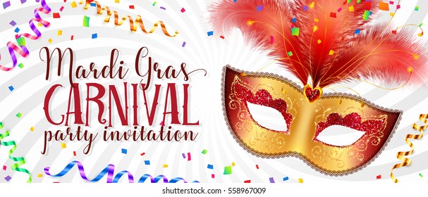 Red and gold carnival mask with feathers on twisted white background, vector Mardi Gras invitation flyer template