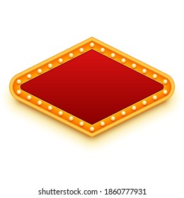 Red and gold casino sign. Retro style design. Frame with light bulbs. Empty mockup for any messages. Vector illustration. 