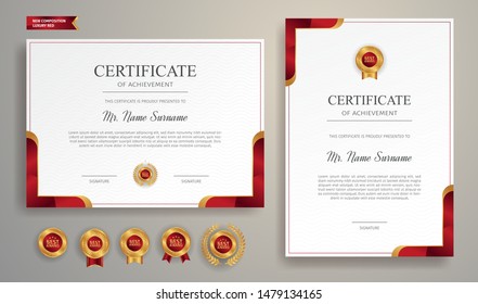 Red and gold certificate of achievement border template with luxury badge and modern line pattern. For award, business, and education needs