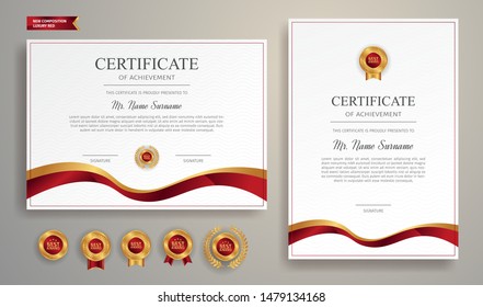 Red and gold certificate of achievement border template with luxury badge and modern line pattern. For award, business, and education needs