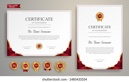 Red and gold certificate of achievement border template with luxury badge and modern line pattern. For award, business, and education needs