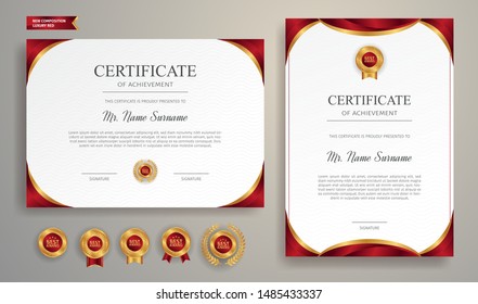 Red and gold certificate of achievement border template with luxury badge and modern line pattern. For award, business, and education needs