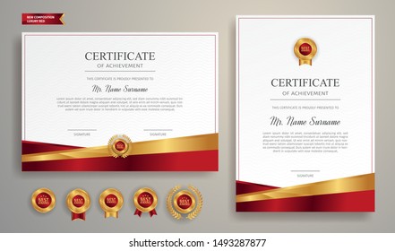 Red and gold certificate of achievement border template with luxury badge and modern line pattern. For award, business, and education needs