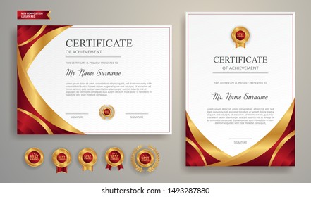 Red and gold certificate of achievement border template with luxury badge and modern line pattern. For award, business, and education needs