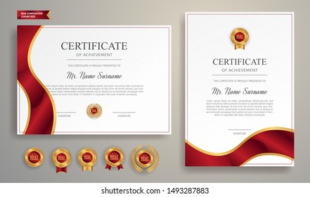 Red and gold certificate of achievement border template with luxury badge and modern line pattern. For award, business, and education needs