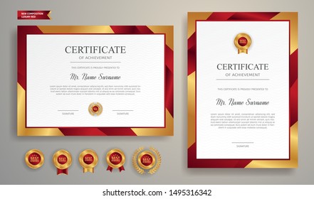 Red and gold certificate of achievement border template with luxury badge and modern line pattern. For award, business, and education needs