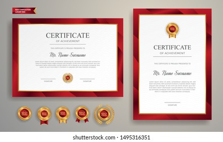 Red and gold certificate of achievement border template with luxury badge and modern line pattern. For award, business, and education needs