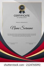 Red and gold certificate of achievement border template with luxury badge and modern line pattern. For award, business, and education needs