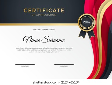 Red and gold certificate of achievement border template with luxury badge and modern line pattern. For award, business, and education needs