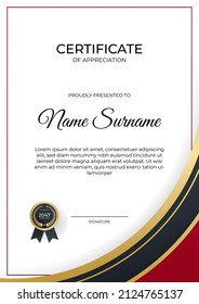 Red and gold certificate of achievement border template with luxury badge and modern line pattern. For award, business, and education needs