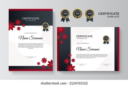 Red and gold certificate of achievement border template with luxury badge and modern line pattern. For award, business, and education needs