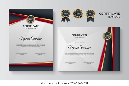Red and gold certificate of achievement border template with luxury badge and modern line pattern. Vector illustration award, business, and education needs