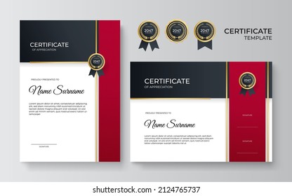 Red and gold certificate of achievement border template with luxury badge and modern line pattern. Vector illustration award, business, and education needs