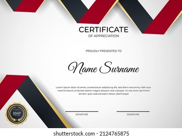 Red and gold certificate of achievement border template with luxury badge and modern line pattern. Vector illustration background award, business, and education needs