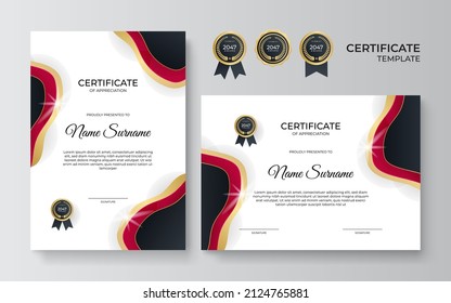 Red and gold certificate of achievement border template with luxury badge and modern line pattern. Vector illustration background award, business, and education needs