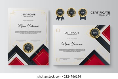 Plantilla de borde de certificado de logro rojo y dorado con placa de lujo y patrón de línea moderna. Antecedentes del certificado de ilustración vectorial para las necesidades de premios, negocios y educación