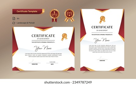 Red and gold certificate of achievement template. For award, business, and education needs. Vector Illustration