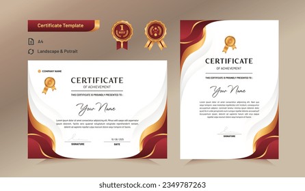 Modelo de certificado de logro rojo y oro. Para las necesidades de premios, negocios y educación. Ilustración vectorial