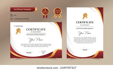 Red and gold certificate of achievement template. For award, business, and education needs. Vector Illustration