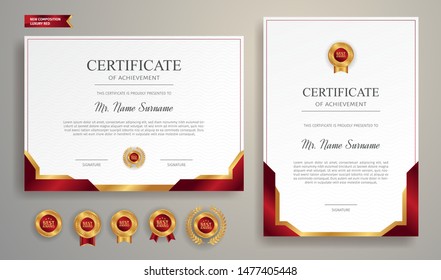 Red and gold certificate of appreciation border template with luxury badge and modern line pattern. For award, business, and education needs