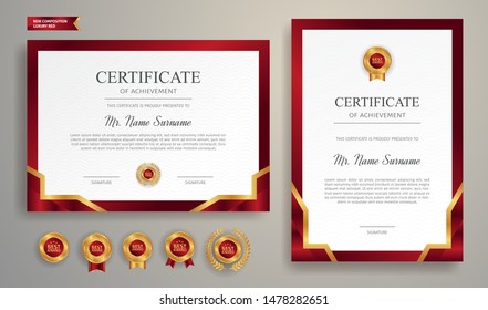 Red And Gold Certificate Of Appreciation Border Template With Luxury Badge And Modern Line Pattern. For Award, Business, And Education Needs