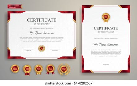 Red and gold certificate of appreciation border template with luxury badge and modern line pattern. For award, business, and education needs