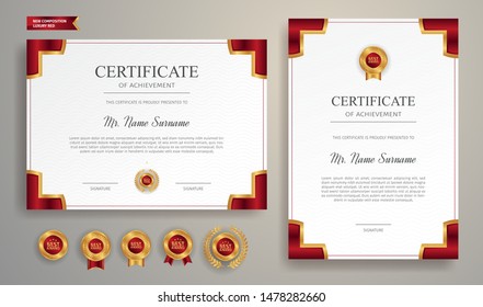 Red and gold certificate of appreciation border template with luxury badge and modern line pattern. For award, business, and education needs