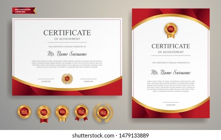 Red and gold certificate of appreciation border template with luxury badge and modern line pattern. For award, business, and education needs