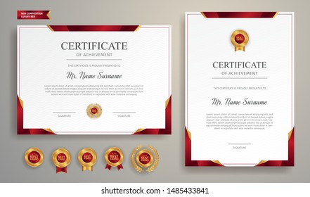 Red And Gold Certificate Of Appreciation Border Template With Luxury Badge And Modern Line Pattern. For Award, Business, And Education Needs