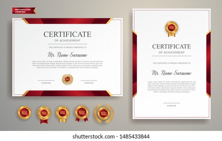 Red and gold certificate of appreciation border template with luxury badge and modern line pattern. For award, business, and education needs