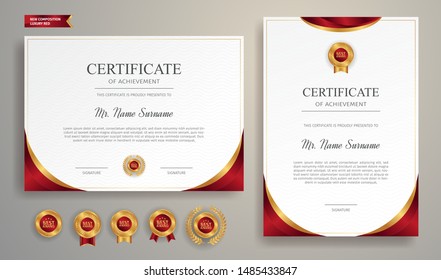 Red and gold certificate of appreciation border template with luxury badge and modern line pattern. For award, business, and education needs