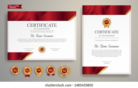 Red and gold certificate of appreciation border template with luxury badge and modern line pattern. For award, business, and education needs