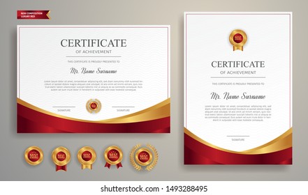 Red and gold certificate of appreciation border template with luxury badge and modern line pattern. For award, business, and education needs