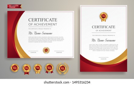 Red and gold certificate of appreciation border template with luxury badge and modern line pattern. For award, business, and education needs