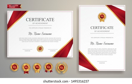 Red and gold certificate of appreciation border template with luxury badge and modern line pattern. For award, business, and education needs