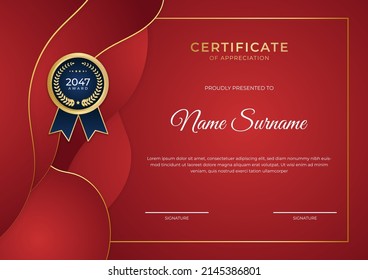 Plantilla de certificado de apreciación rojo y oro con diseño de concepto corporativo moderno vector