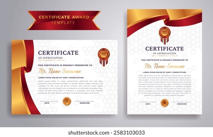 Red and gold certificate of appreciation template with a luxurious badge and modern line pattern.