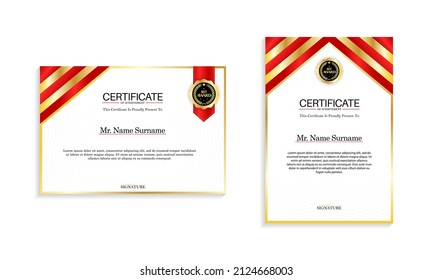 Red and gold certificate border template with luxury badge and modern line pattern. For appreciation, business and educational needs