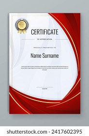 Certificado rojo y oro moderno elegante para apreciación, logro, diploma de premios, empresa