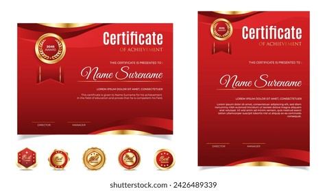 Diseño de plantilla de certificados rojos y dorados. certificados de diploma de papel verticales, horizontales. vector