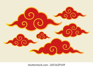 Red and gold Chinese brush cloud elements for traditional oriental decoration or lunar new year design