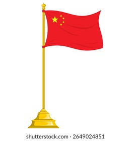 Red and Gold Chinese Flag Vector Design Waving on Silver Pole, National Emblem for Political Posters, Events, Patriotic Artworks, and International Projects