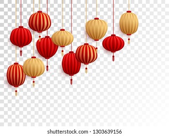 Red and gold chinese lanterns on transparent background. Traditional asian festival holidays decor elements. Chinese and chinatown festive paper lanterns vector illustration. New Year decoration.
