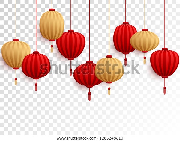 Red Gold Chinese Lanterns On Transparent Holidays Objects Stock