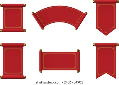 red and gold chinese scrolls. set of isolated red parchments with gold decorations