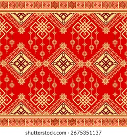 Red and Gold Chinese Seamless Pattern with Auspicious Knots and Geometric Motifs