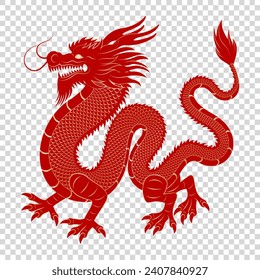 Red and gold Chinese vector dragon on a transparent background. Year of the Dragon. Silhouette of Dragon for holiday background, greeting card, invitation, web banner.