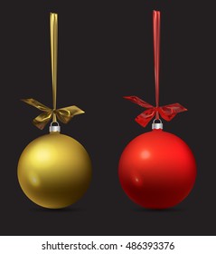 Red and gold Christmas ball with a ribbon on a black background. Realistic vector isolated object.