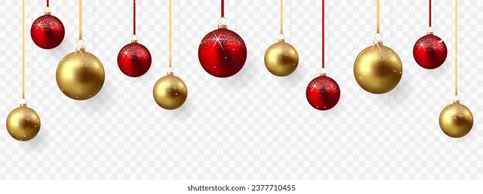 Red and gold christmas balls with shadow isolated on transparent background