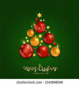 Red and gold Christmas balls and shiny stars on green knitted background. Illustration with lettering Merry Christmas can be used for holiday design, cards, invitations, posters, postcards and banners